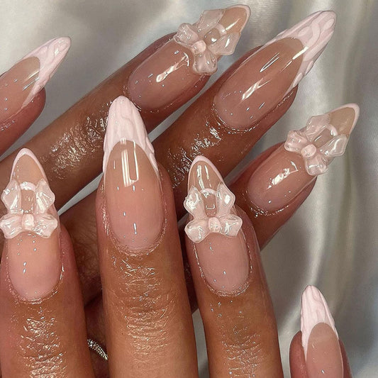 French Tip Press on Nails Medium Length 3D Bow Fake Nails French Nails Press ons Cute Bow Stick on Nails Almond Acrylic False Nails, Artificial Nails Finger Manicure for Women and Girls 24pcs