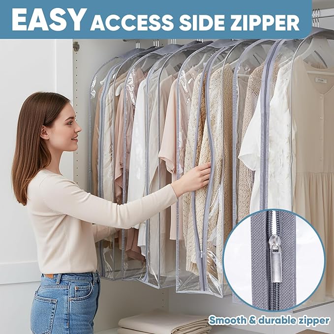 BALEINE 60'' Clear Garment Bags, 10.5'' Wide PEVA Suit Bag for Closet Clothes Dresses Suit Coats Storage (Clear, 3PK)