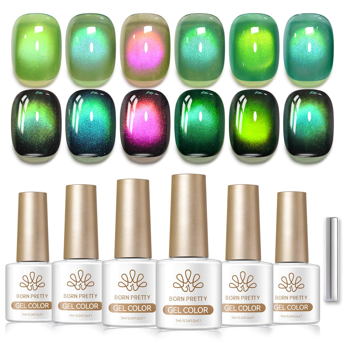 Born Pretty Spring Summer Green Cat Magnetic Eye Gel Nail Polish 6 Colors Shimmer Glitter Holographic Crystal Jelly Sage Olive Emerald Forest Green Translucent Magnetic Gel Polish