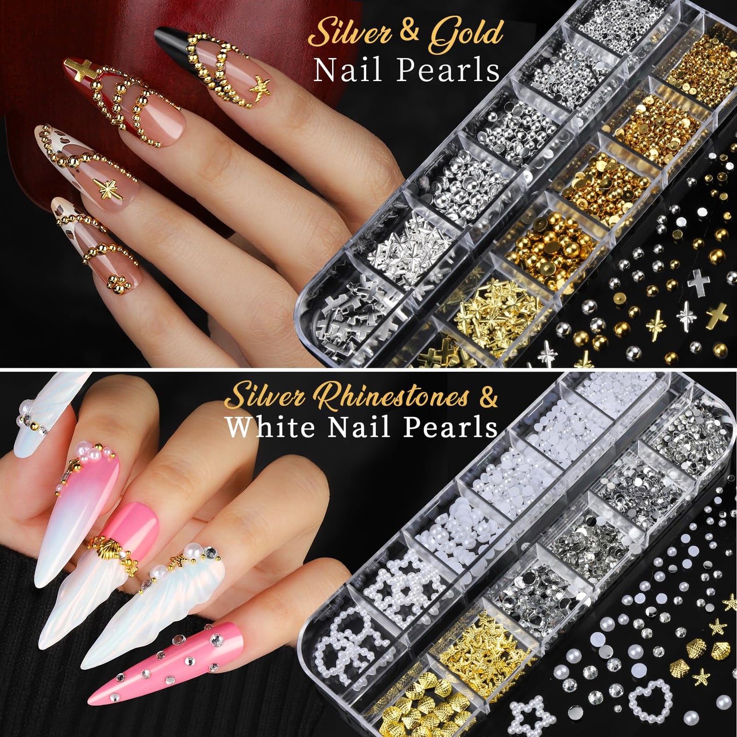Teentior Nail Charms Nail Stickers with Nail Gems Kit, 8 Boxes Nail Art Rhinestones Gold Rhinestones for Nails, Nail Charms and Gems Pearls for Nails, 3D Nail Art Design Kit Nail Decorations for Women