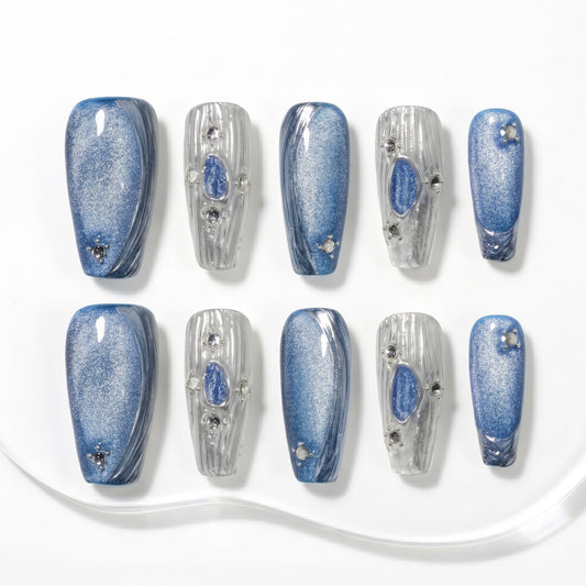 Sun&Beam Nails Handmade Press-on Medium Long Coffin Nails Silver White Blue False Nail Tips Design Baroque Style Fashionable 10 Pcs Set (#154 M)