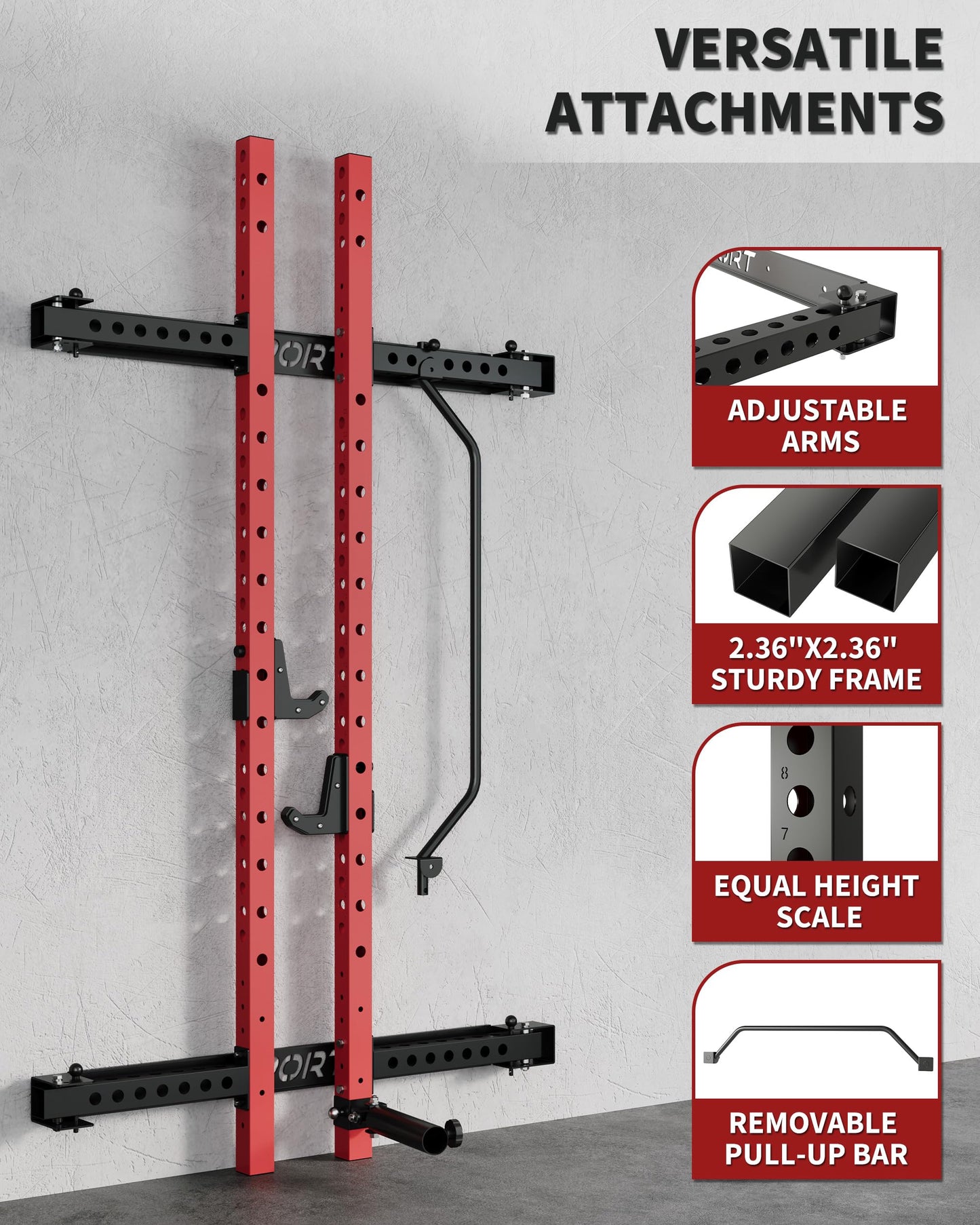 Folding Squat Rack for Home Gym, 1000 LB Capacity Wall Mounted Power Rack with Pull Up Bar, J Hooks and More Attachments, 2.36" x 2.36" Space Saving Multifunction Power Cage, Black/Red