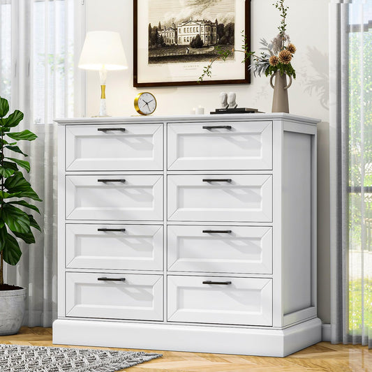 biukpci White Dresser for Bedroom, Chest of Drawers, Large Modern Farmhouse Storage for Closet, 8 Drawers Dresser Storage Drawers, 39.3” Tall Wood Clothing Storage with Black Handles
