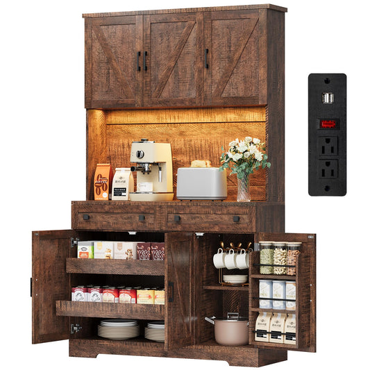 ELYKEN 71" Tall Ktchen Pantry Cabinet with Charging Station & LED Lights, Farmhouse Kitchen Hutch Cabinet with Large Countertop for Dining Room Living Room, Brown