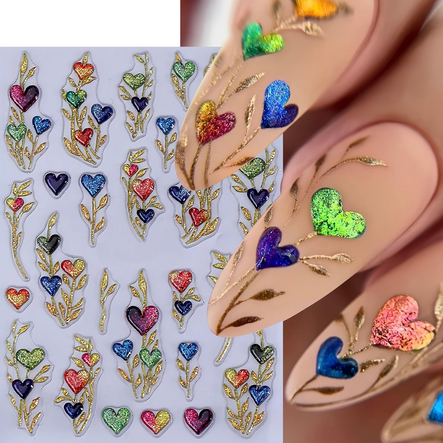 3 Sheets Valentines Day Nail Art Stickers 5D Embossed Heart Flower Nail Stickers Blue Floral French Nail Decals Love Flowers Nails Designs Valentines Nails Sticker for Women DIY Manicure Nail Supplies