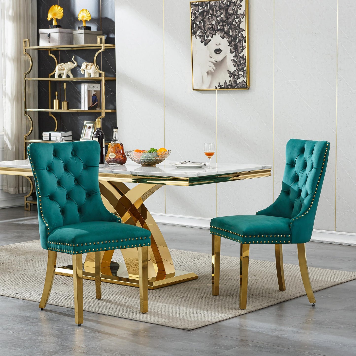 Pvillez 68.11" Marble Dining Table Set, White Dining Table with 6 Green Velvet Chairs, Rectangle Kitchen Table and Chair Set with Gold Stainless Steel Base, Luxury 7 Piece Dining Set for Kitchen