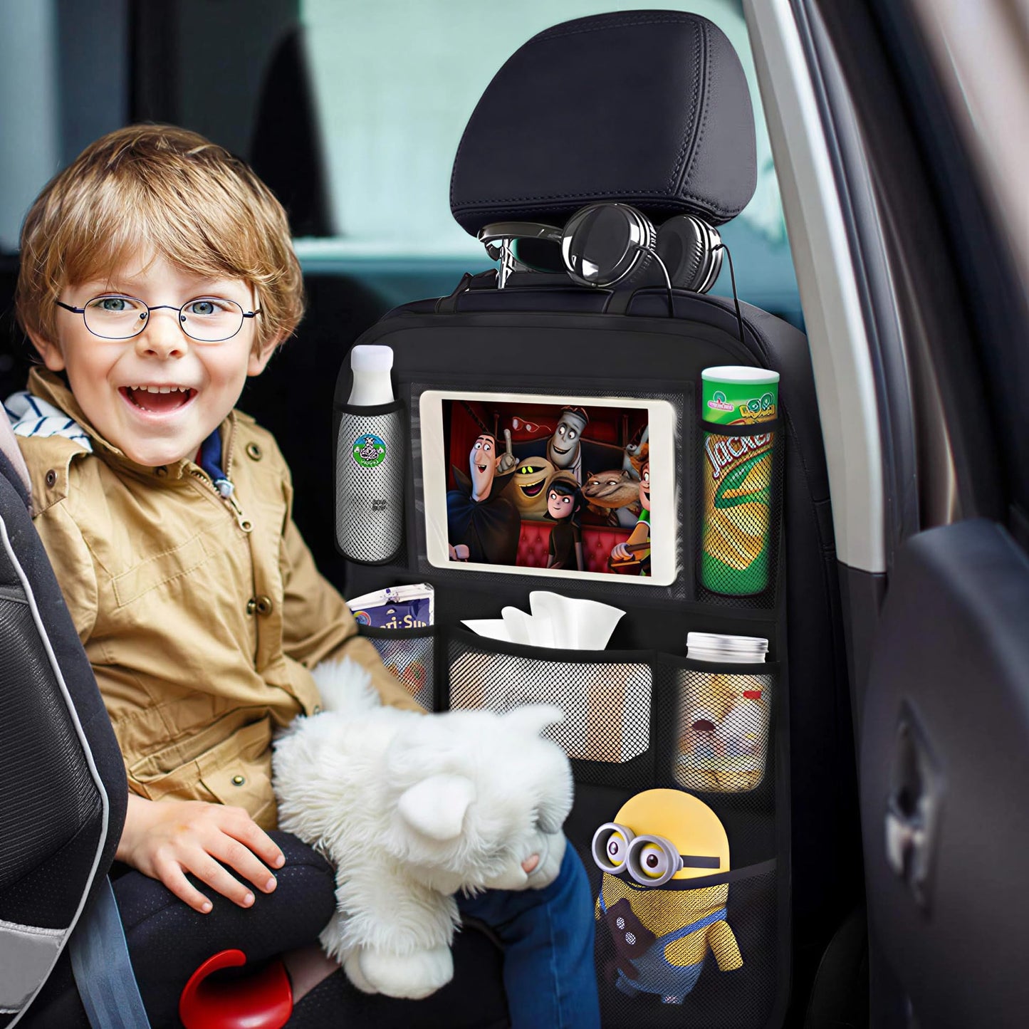 ONE PIX Backseat Car Organizer Mats Back Seat Organizers and Storage Bag with Touch Screen Tablet Holder for Kids Toddlers Seats, Travel Accessories, Road Trip Essentials (2PCS)
