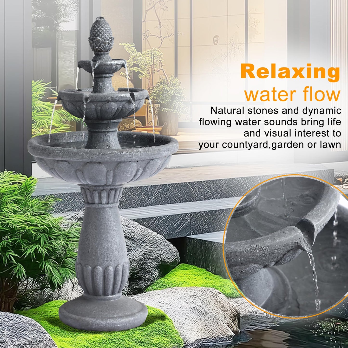 GIODIR 40.6" High Large Italian Outdoor Water Fountain, 3-Tier Standing Bubbler Waterfalls Fountain with Pineapple Top and Roman Pillar, Resin Garden Water Fountains for Bird Bath Patio Yard Deck