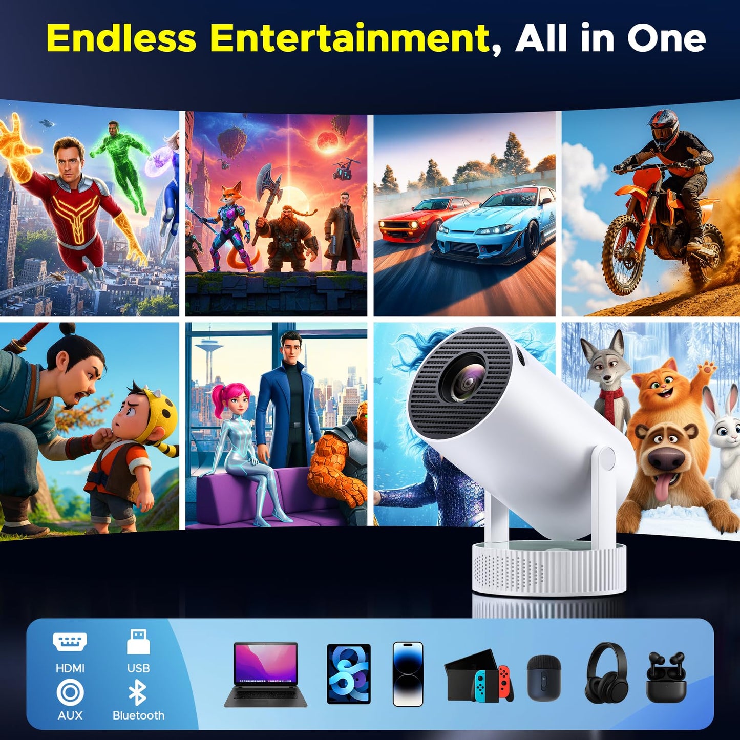 Projector with WiFi and Bluetooth, Mini Projector with Battery Supported 4K, Auto Keystone WiFi 6 Bluetooth 5.2 220° Rotation 3.5Hrs Portable Projectors, Smart Projectors for Bedroom Outdoor Movie