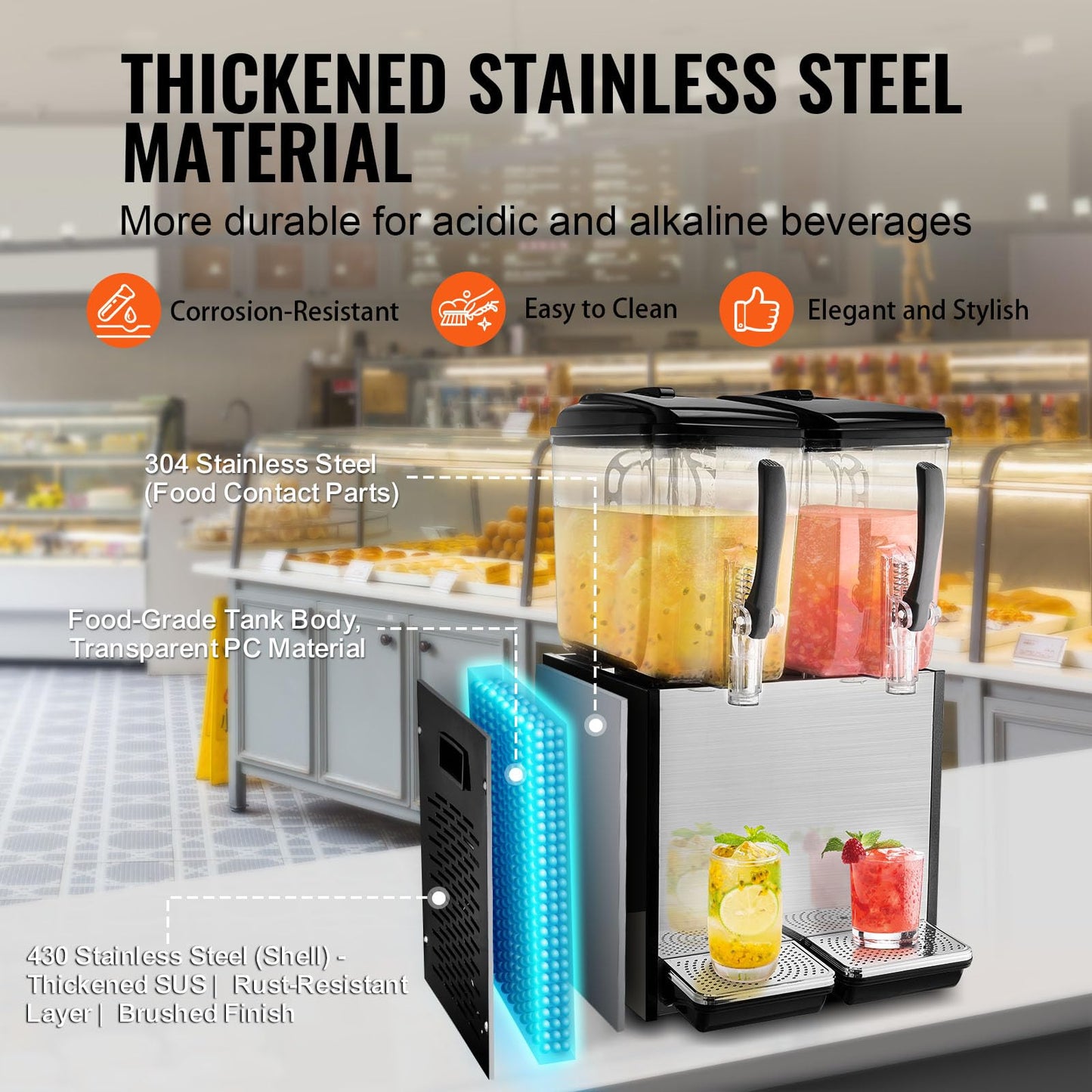 VEVOR Commercial Beverage Dispenser, 2 Tanks 12 L / 12.7 QT Per Tank Juice Dispenser, 286W Stainless Steel Ice Tea Drink Machine with 45°F-54°F Cooling Temperature, for Cold Drink Restaurant Bar Party