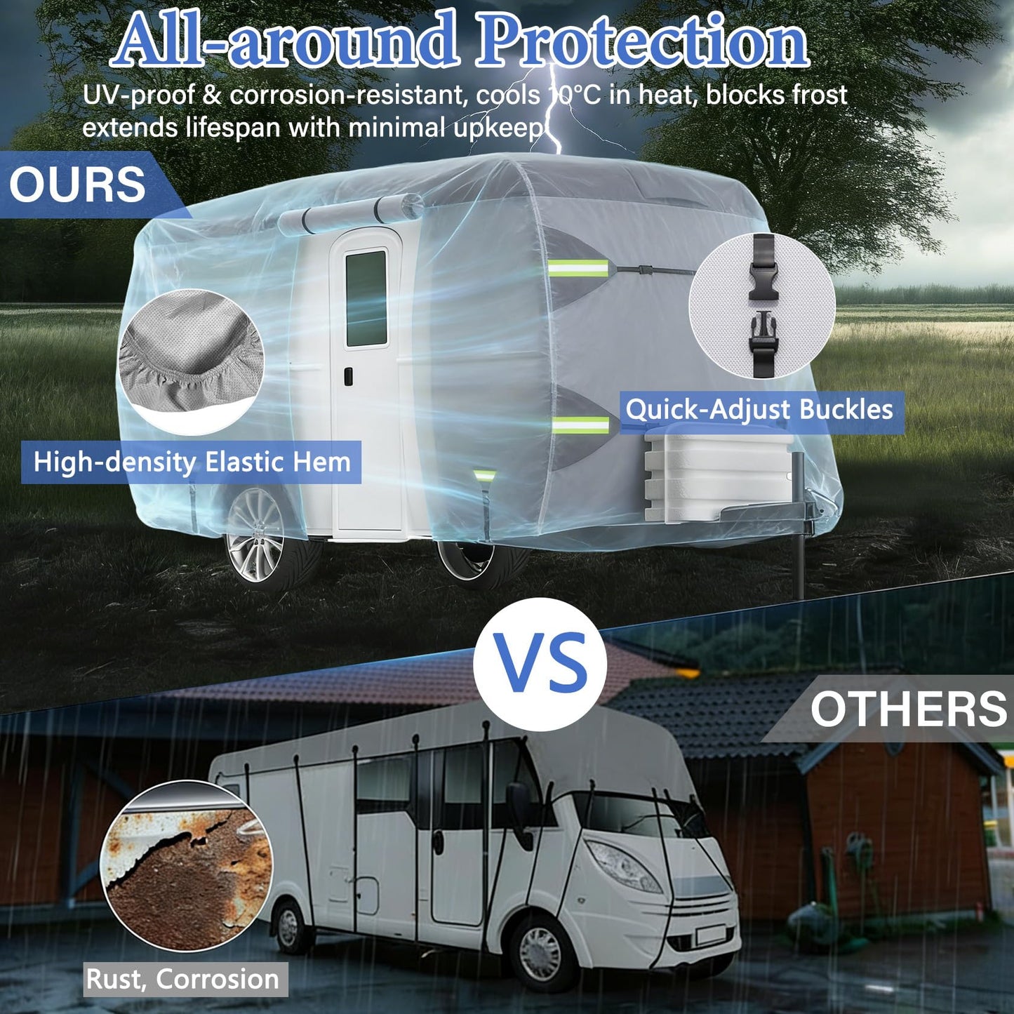 Fiberglass Travel Trailer Cover 7 Layers Breathable Waterproof Rip-Stop Camper Cover (Fits 10' to 13'-160" L x 80" W x 84" H)