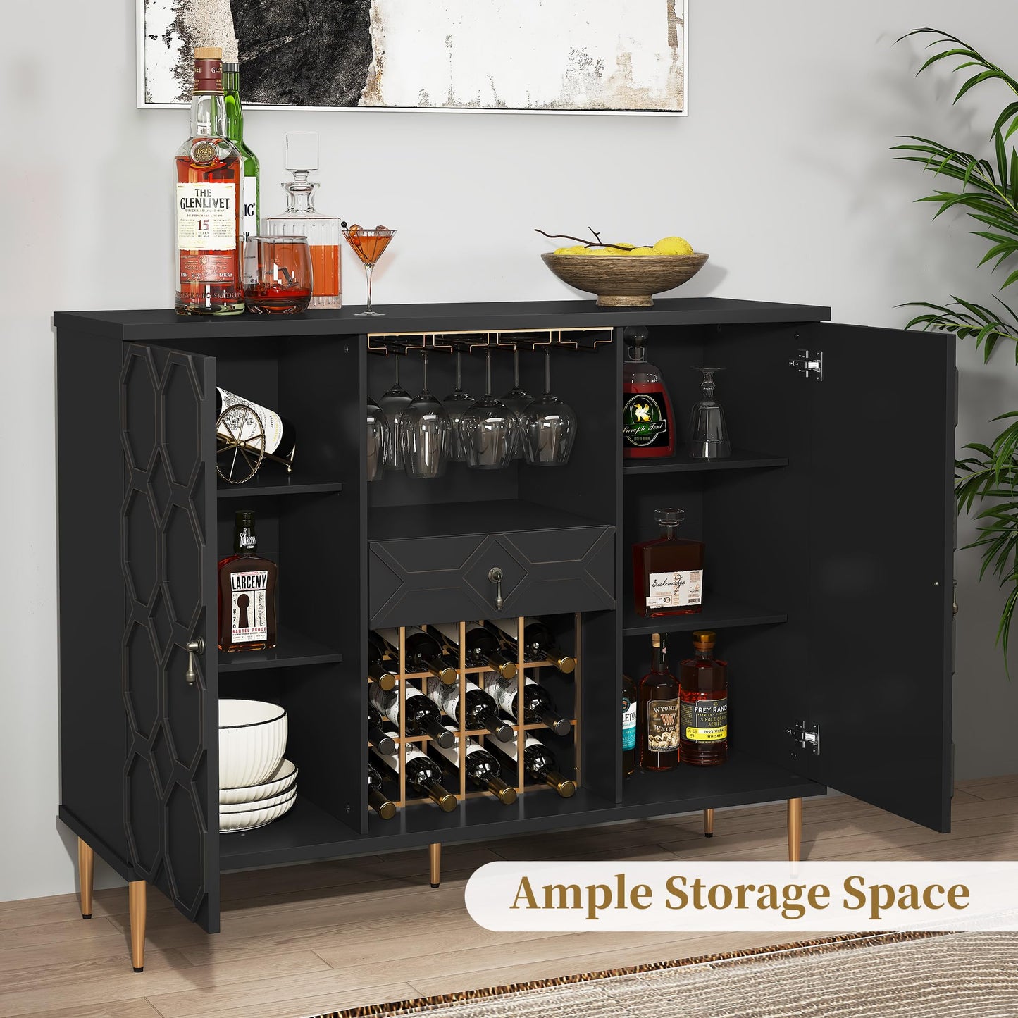 MROJISC Modern Bar Cabinet with Drawer, Liquor Cabinet with Wine Glass Racks and Shelves, Geometric Door Buffet Sideboard for Dining Room, Living Room, Kitchen, Black