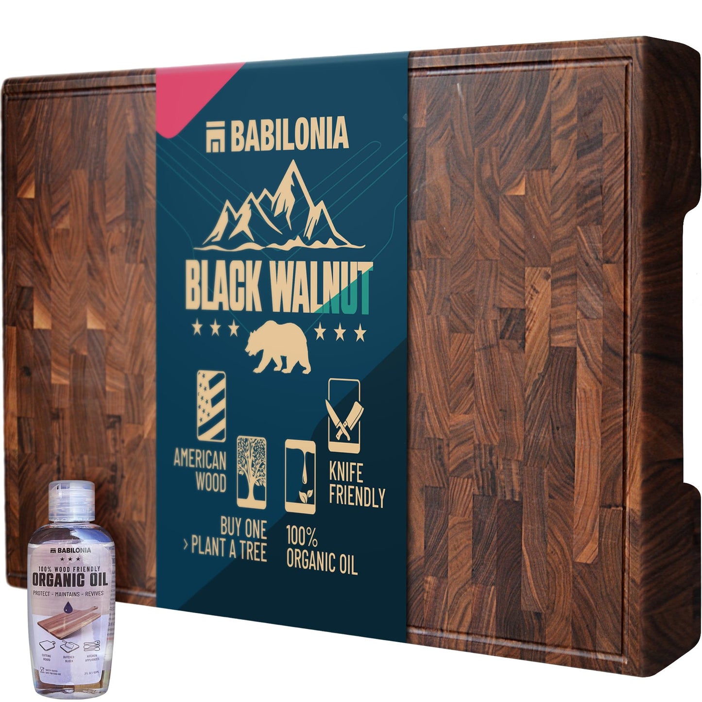 XXL American Black Walnut Cutting Board 24 x 15 Inch (ExtraThick 1.7"), Hardwood Butcher Block, Charcuterie, Heavy Duty End Grain Wood Chopping Board with Juice Groove & Handles (Oil & Plate included)