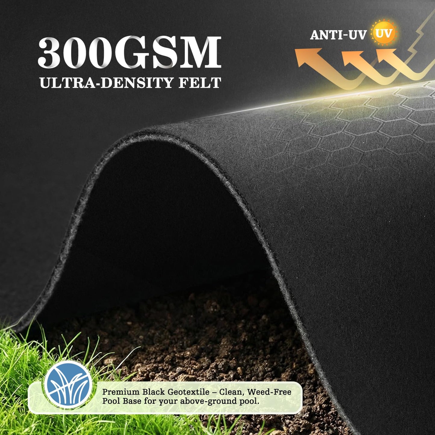 UIRWAY 12 x 20ft Rectangle Pool Liner Pad for Above Ground Pool, [2026 New 300G/M² Thicker Heavy Duty] Black Geotextile Swimming Pool Floor Liner, Puncture Resistant Pool Base, Weed Barrier Protection