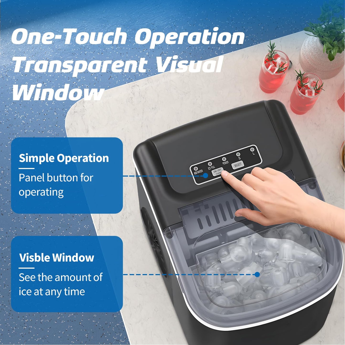 DollarDash 33 LBS Per Day Portable Countertop Ice Maker, Self-Cleaning Soft Chewable Pellet Ice Machine with Scoop, Ideal for Home/Kitchen/Bar/Camping
