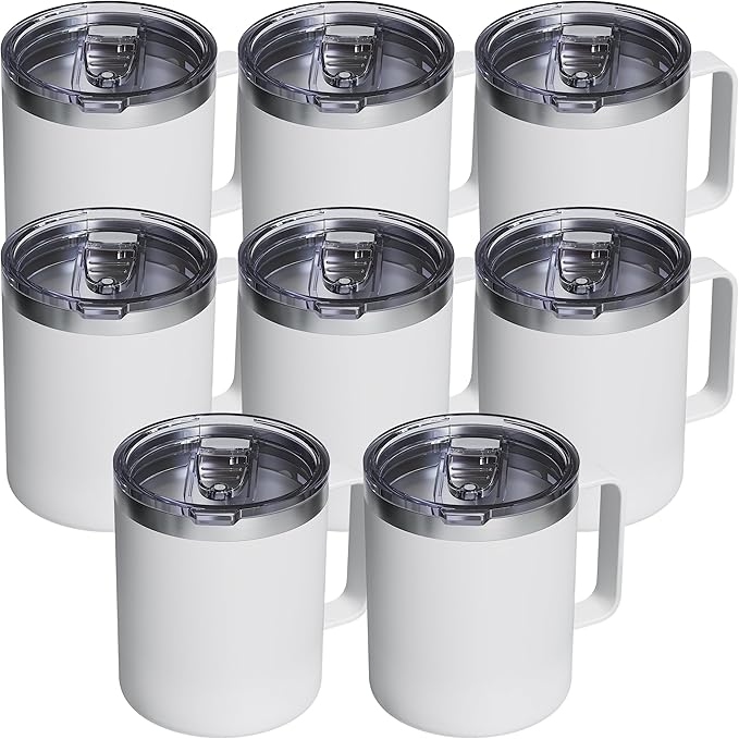 8 Pack 12oz Insulated Coffee Mug with Lid â Double Wall Stainless Steel Travel Cups with Handle, Keep Hot & Cold Drinks, Ideal Gift for Coffee Lovers, Home, Office & Camping, White