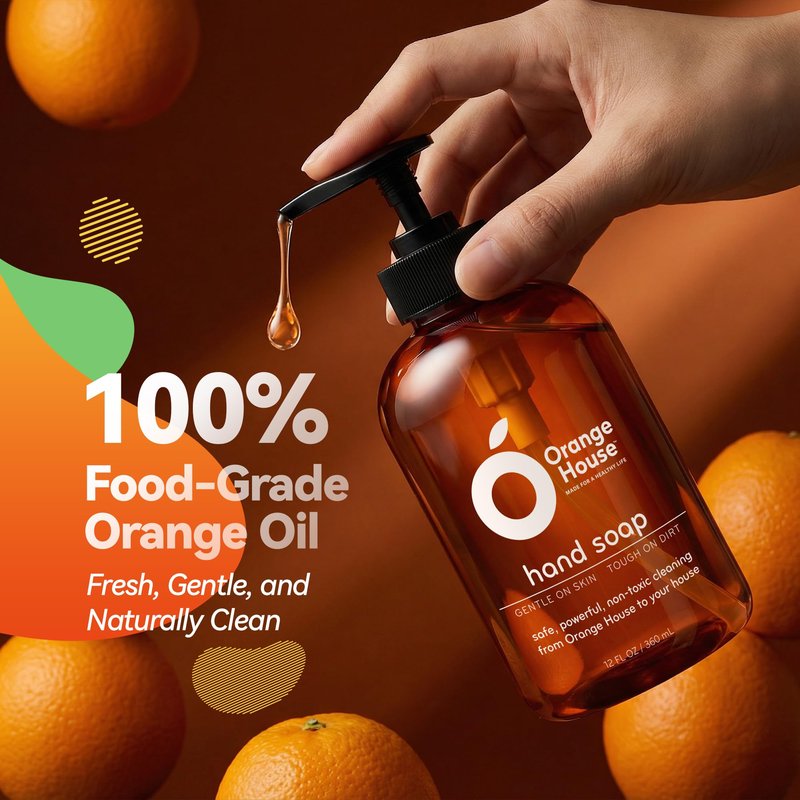 Orange House Natural Liquid Hand Soap with Food-Grade Orange Oil, Cruelty-free, Soft and Moisturizing, 12 Fl Oz