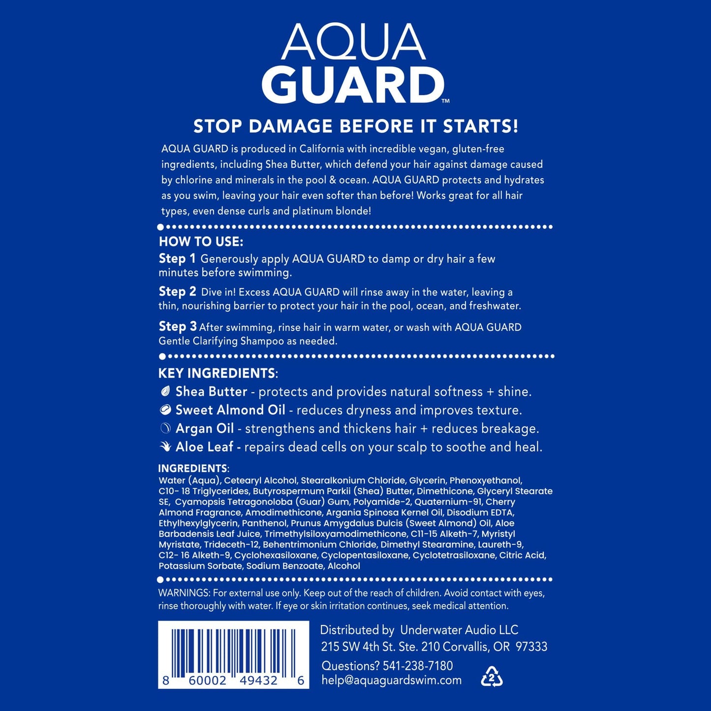 AQUA GUARD Pre-Swim Hair Defense | Protect Hair Before You Swim | Prevents Chlorine Damage + Softens Hair While Swimming | Made in California | Color Safe, Leaves Hair Smelling Great | 5.3 oz