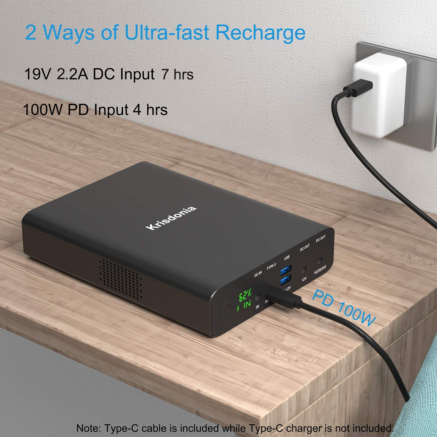 Krisdonia 100W USB-C PD Power Bank, 64000mAh Portable Charger Battery Pack [PD 3.0 USB-C 100W + DC 12/16/20/24V + Quick Charge QC 3.0 Dual Ports] for Laptop, Tablet, Smartphone, Projector and More
