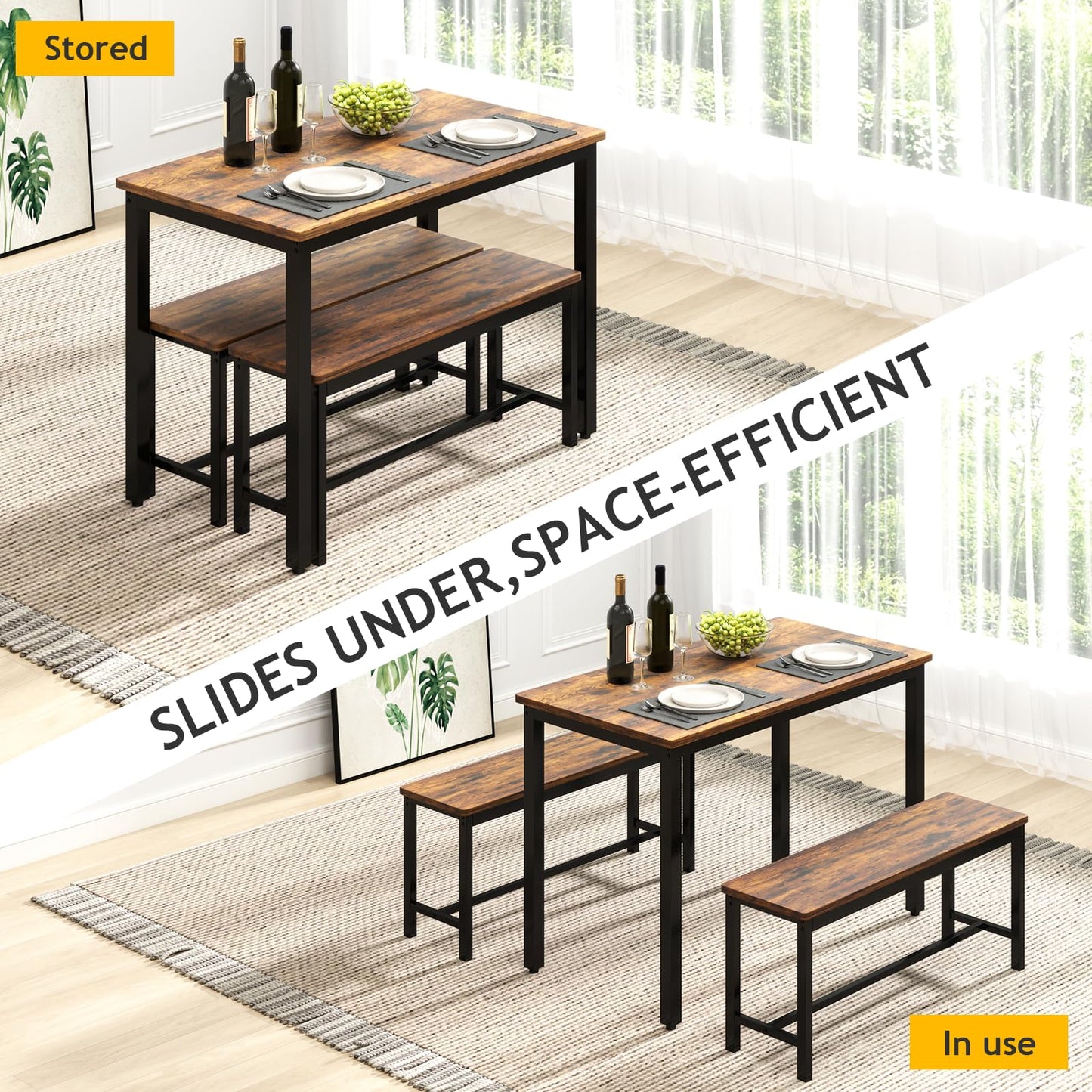 Rovibek 43" Dining Room Table Chairs Set for 4, Modern Space Saving Kitchen Table with 2 Benches & Adjustable Feet Breakfast Table, Wooden Industrial Style Farmhouse, Brown