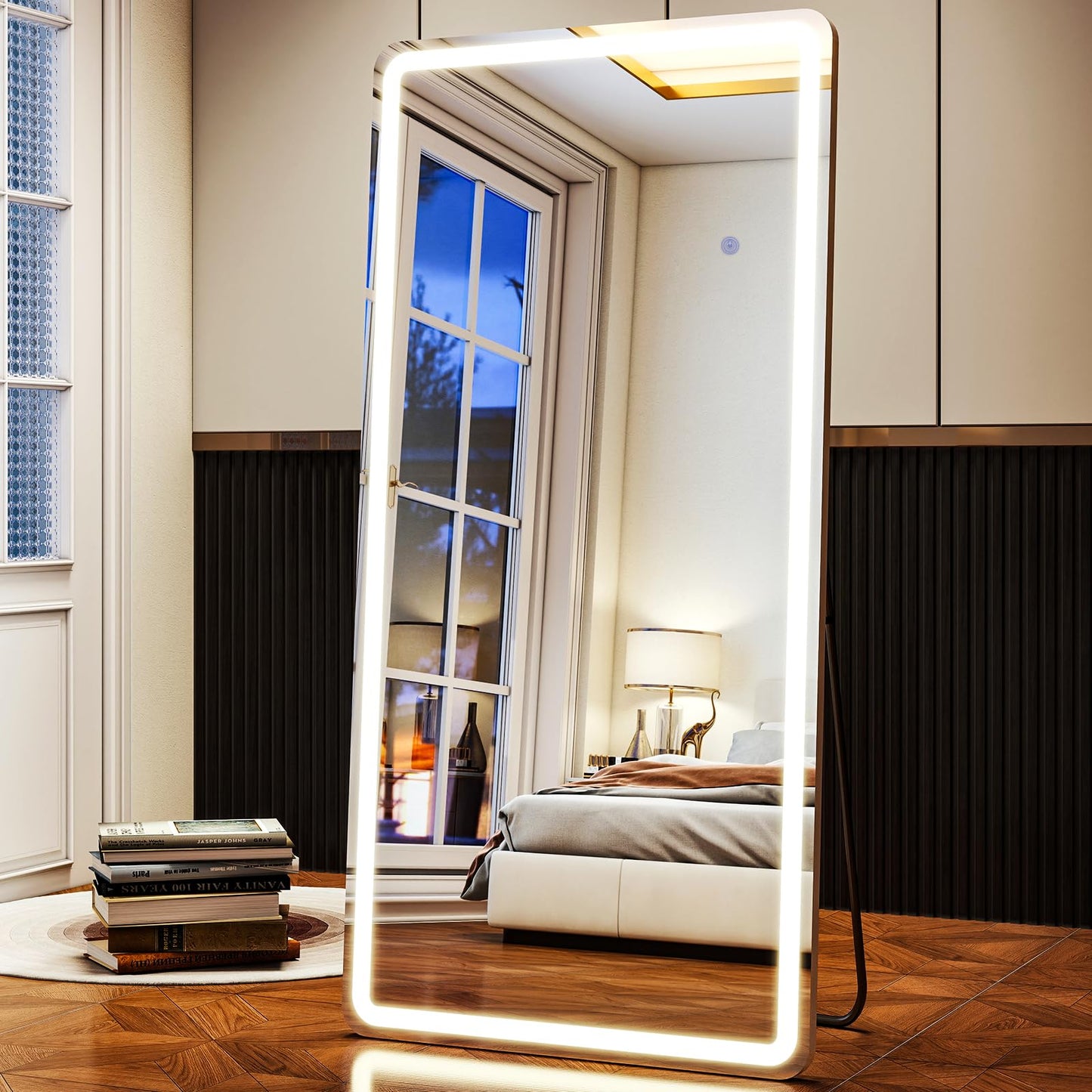XRAMFY LED Rectangular Corner White Full Length Mirror - 30“ x 71” Brightness Adjustable, Touch Screen Control, Wall Mounted or Freestanding, for Bedroom Living Room Cloakroom Dressing Mirror