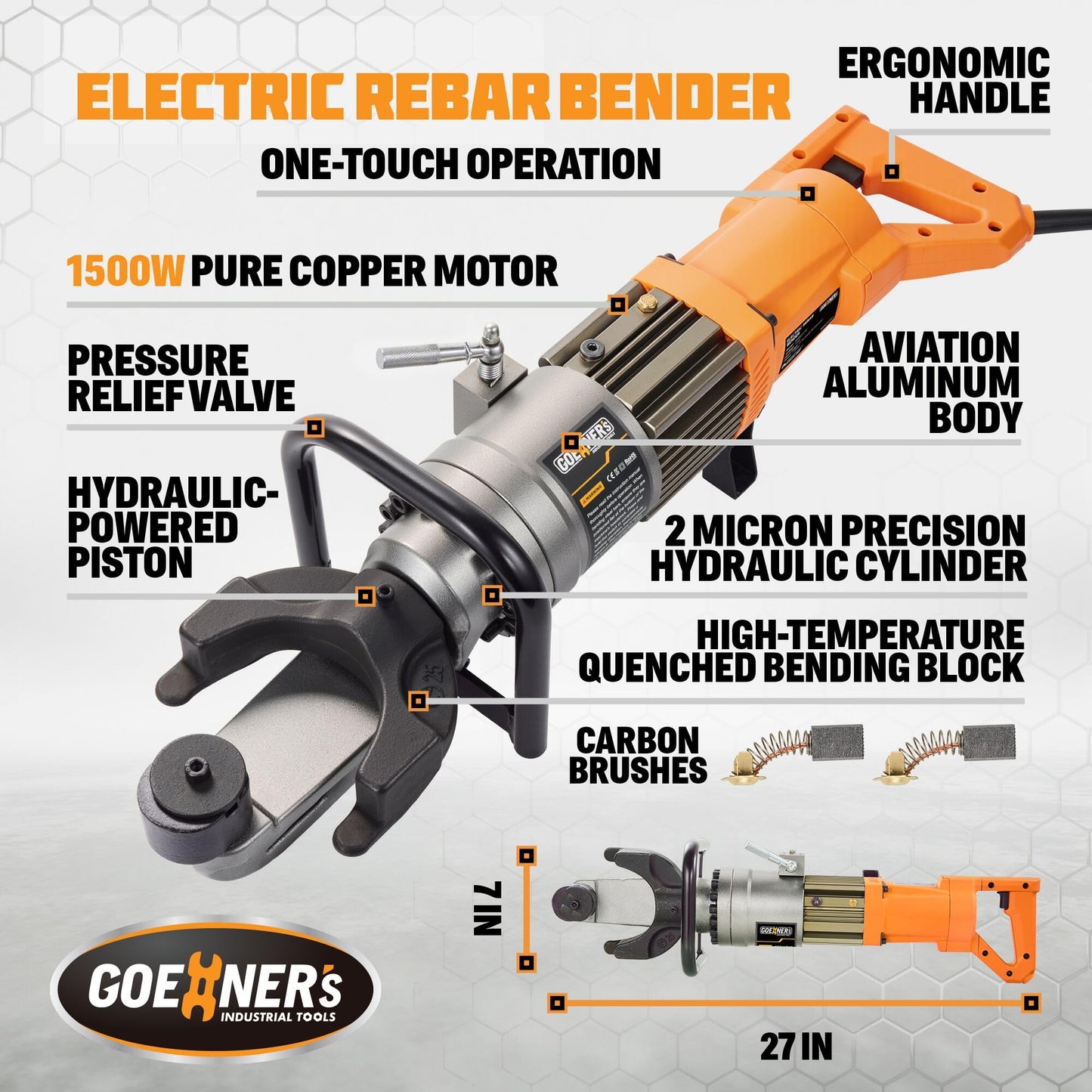 Upgraded 1500W Electric Rebar Bender, Portable Hydraulic Rebar Bending Machine up to 1 Inch 25mm #8 Rebar, Bending Angle 0-130°, Handheld Steel Rebar Bender Machine with Pure Copper Motor, 110V