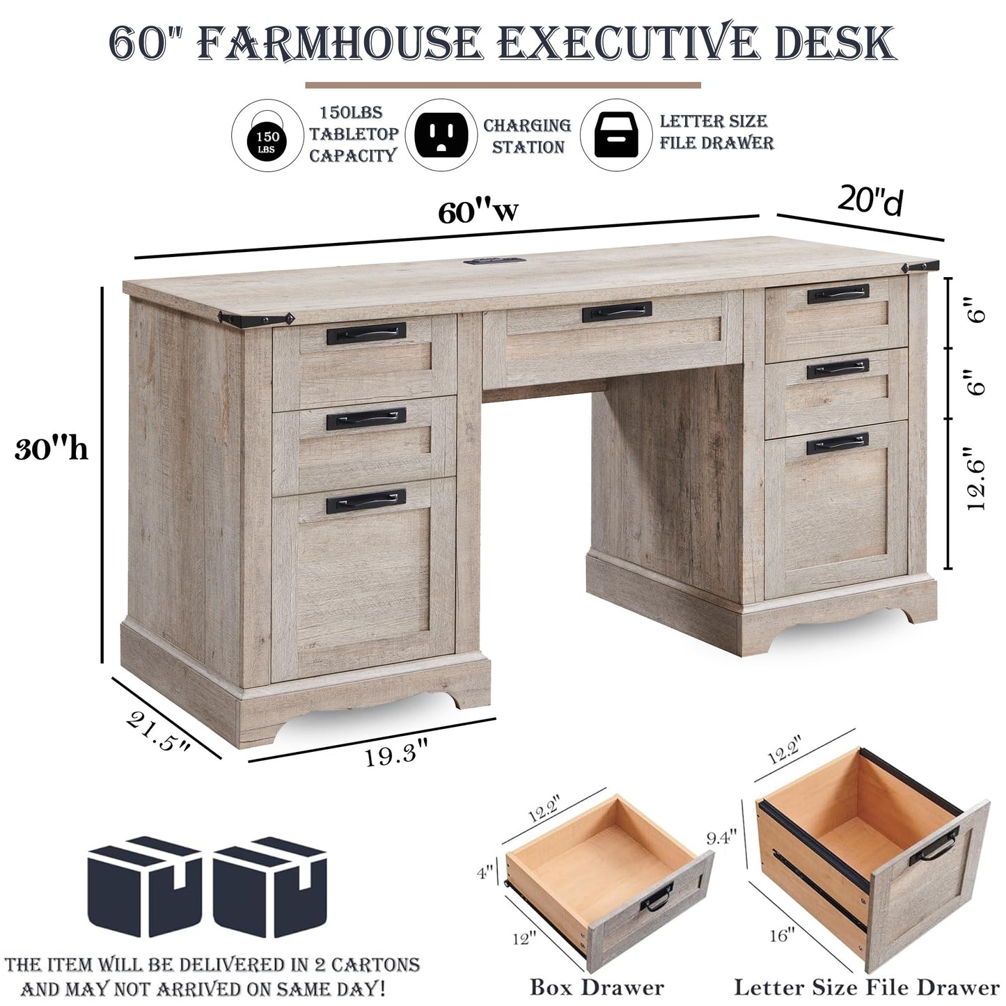 RedLemon 60" Farmhouse Executive Desk with Drawers, Wood Home Office Desk w/Charging Station, Keyboard Tray, File Drawer, Storage Cabinet, Rustic Computer Writing Desk (Light Rustic Oak)