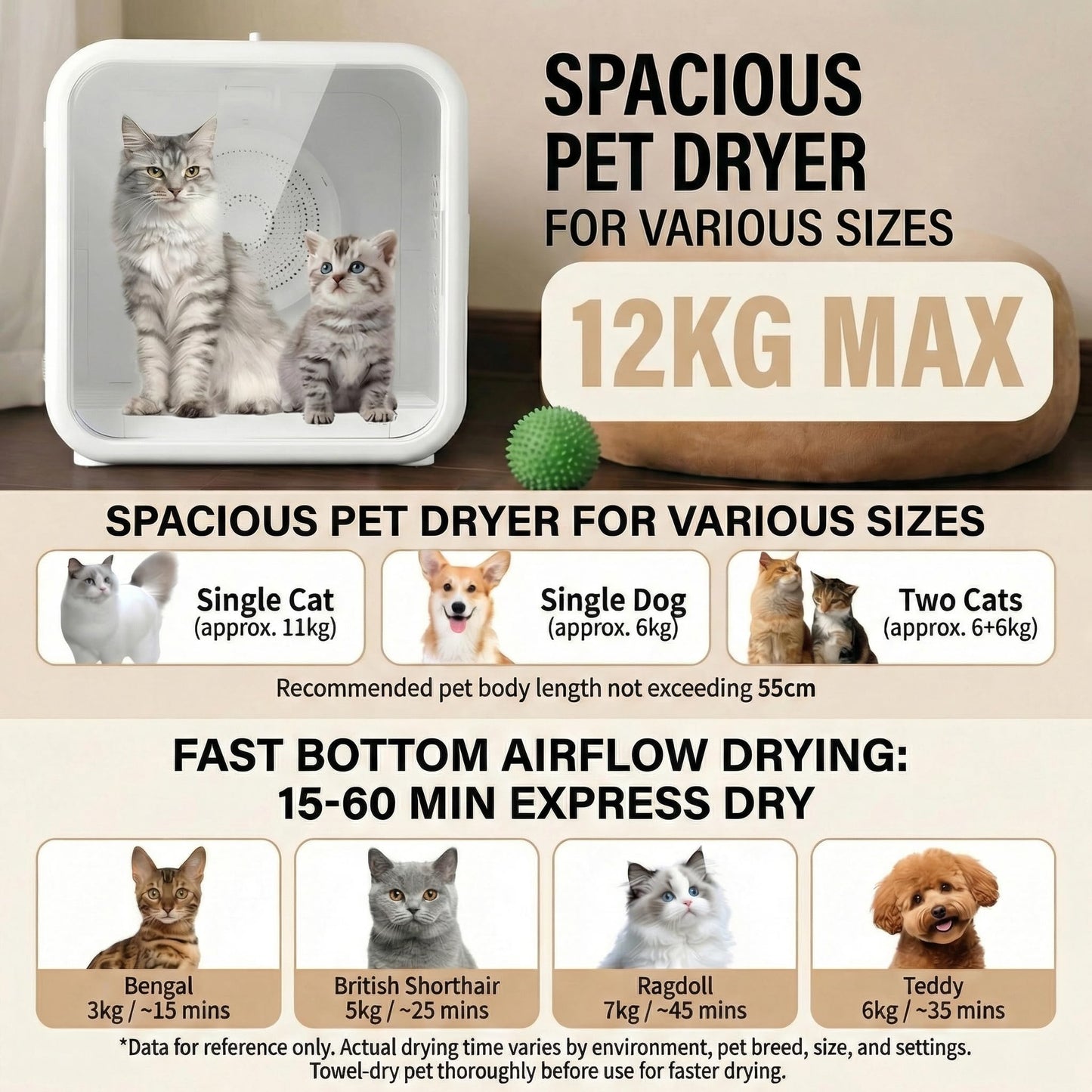 Professional Pet Dryer Box for Dogs & Cats - Fast Drying & Low Noise Blower, Portable Pet Hair Dryer Machine with Adjustable Temperature & Petting Window Small Medium Pets After Bath Grooming at Home