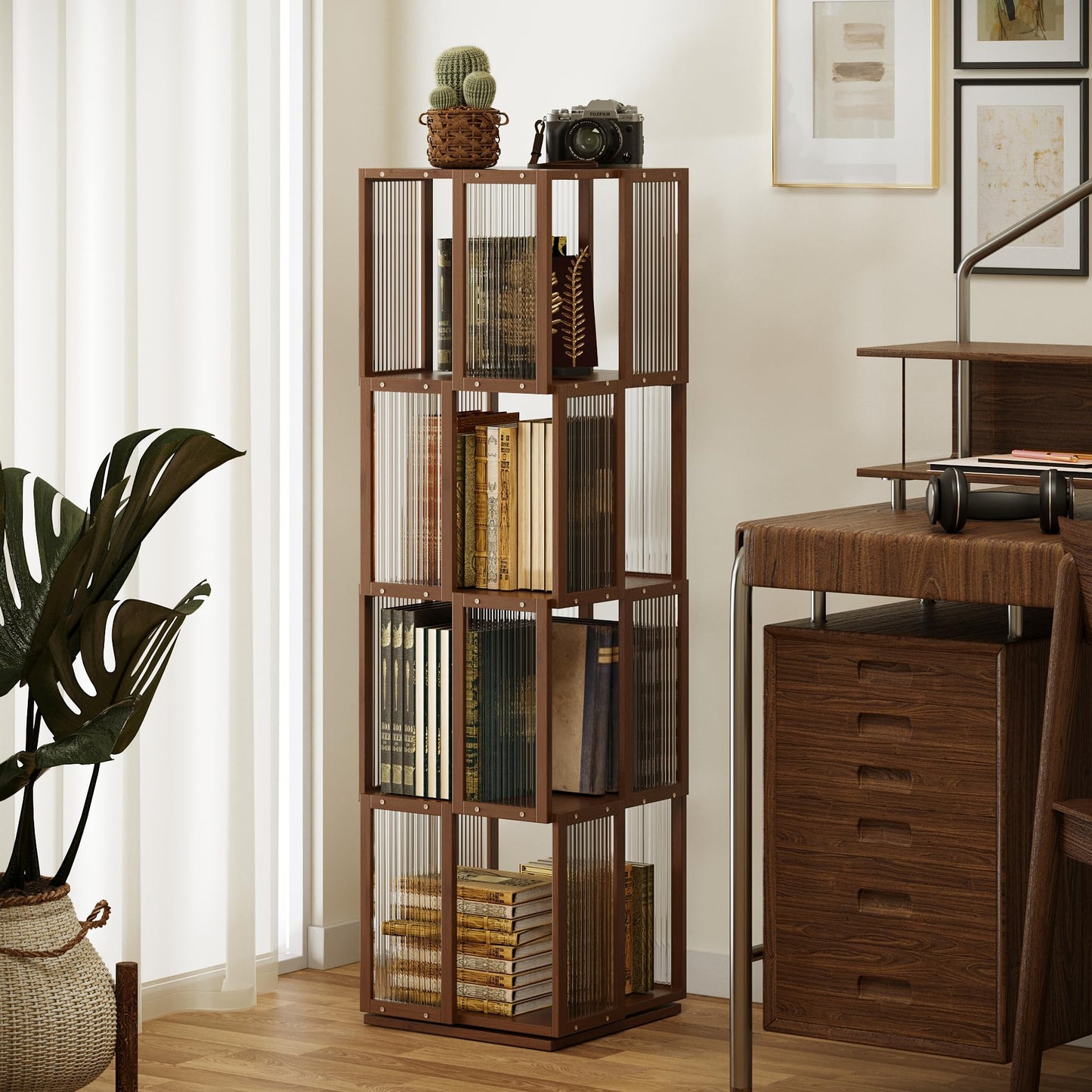 BAMEOS Rotating Bookshelf Tower 4 Tier, 360 Spinning Bookcase with Solid Wood Frame & Bamboo Finish, 4-Component Easy Assembly Corner Book Shelf for Small Spaces, Office, Bedroom, Living Room