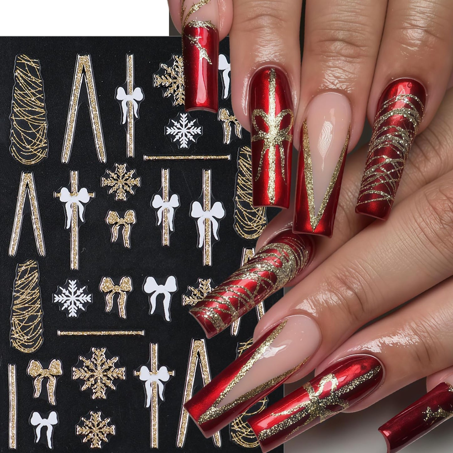 6 Sheets Christmas Snowflake Nail Stickers Bow French Nail Art Stickers Gold Glitter Line Bow 3D Self Adhesive Nail Decals Gold White Snowflake Nail Supplies Nail Decoration for Women DIY Manicure