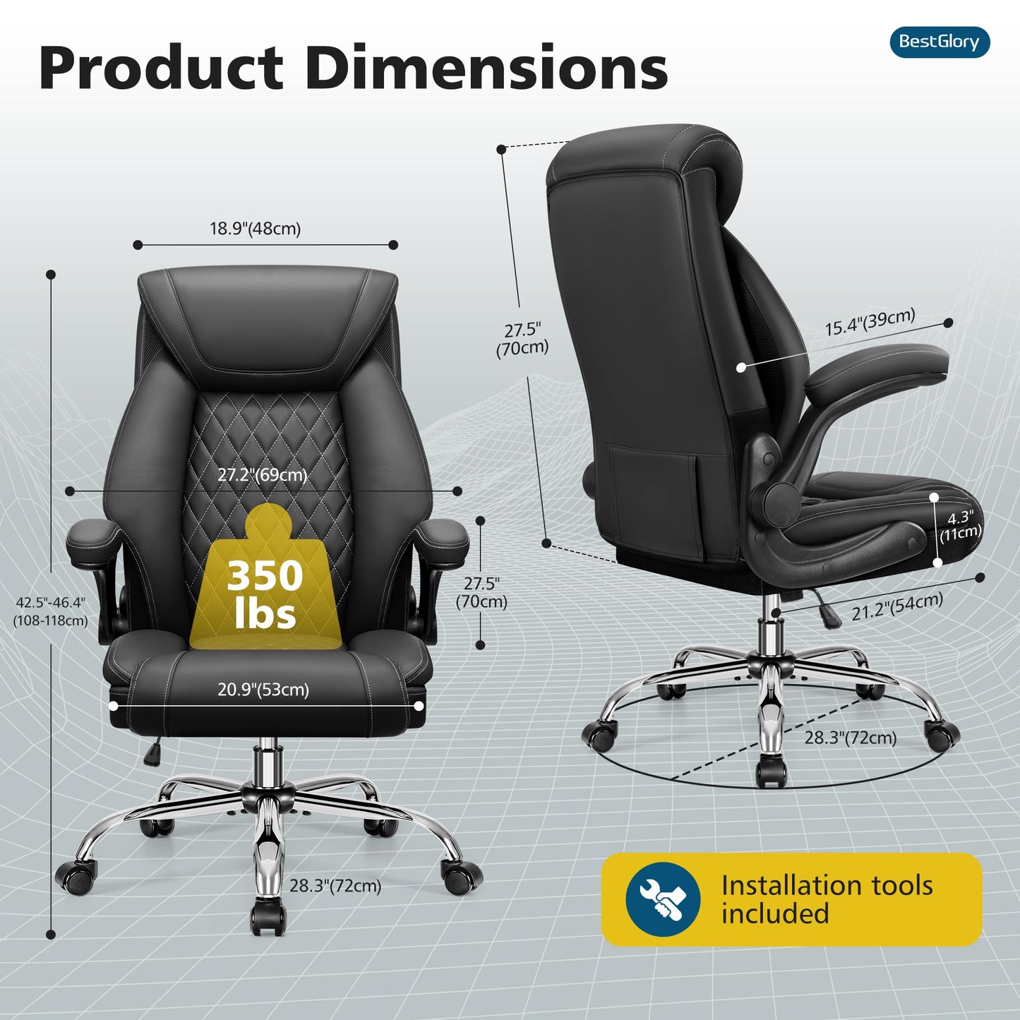 Office Chair, Executive Leather Office Chairs with Rocking Function, Big and Tall Ergonomic Computer Chair with Lumbar Support Flip-Up Armrests, Comfortable Gaming Chairs for Home Ofiice