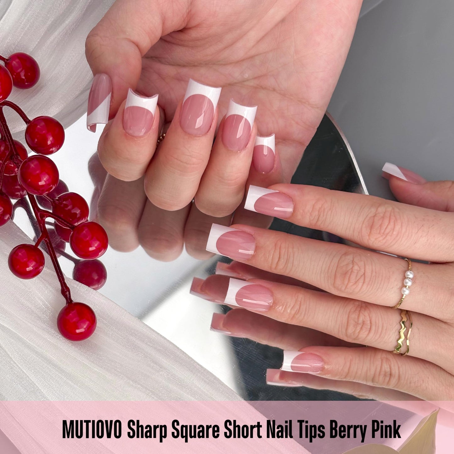 MUTIOVO White French Tip Short Straight Square Nail Tips Press on, BERRY PINK Extra Thick NEED Soft Gel Nail Extension, Need Builder gel & Top,Coat Full Cover False Nails, for DIY x 15 Sizes 150 pcs