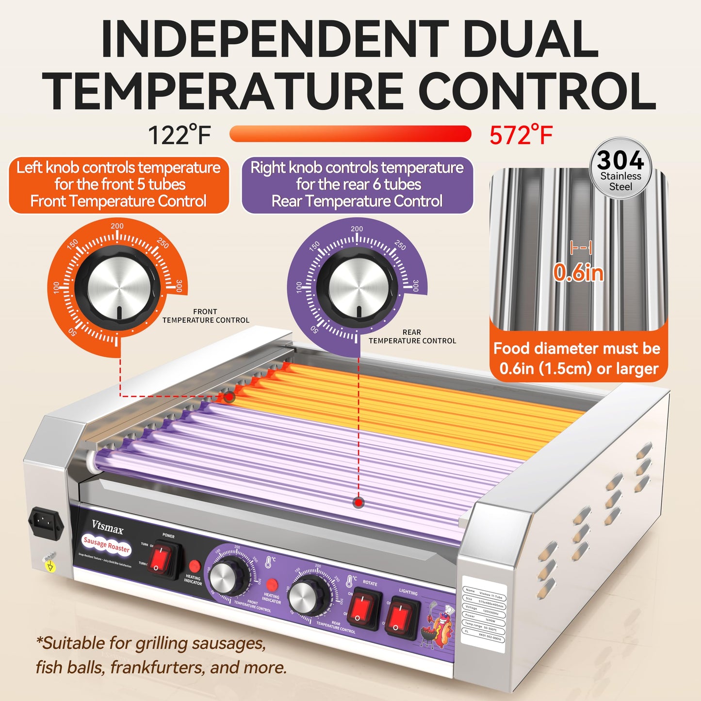 Commercial Hot Dog Roller 11 Rollers, 304 Stainless Steel, Extra Large Capacity, Fast Heating Electric Hot Dog Cooker, for Restaurant & Concession Stand