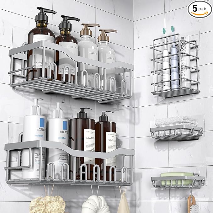 EUDELE 5-Pack Rustproof Stainless Steel Shower Caddy SetÃ¢ÂÂ No Drill Adhesive Bathroom Organizer, Space-Saving Shower Shelves for Apartment Essentials, Bathroom/Kitchen Storage Home Decor-L Size