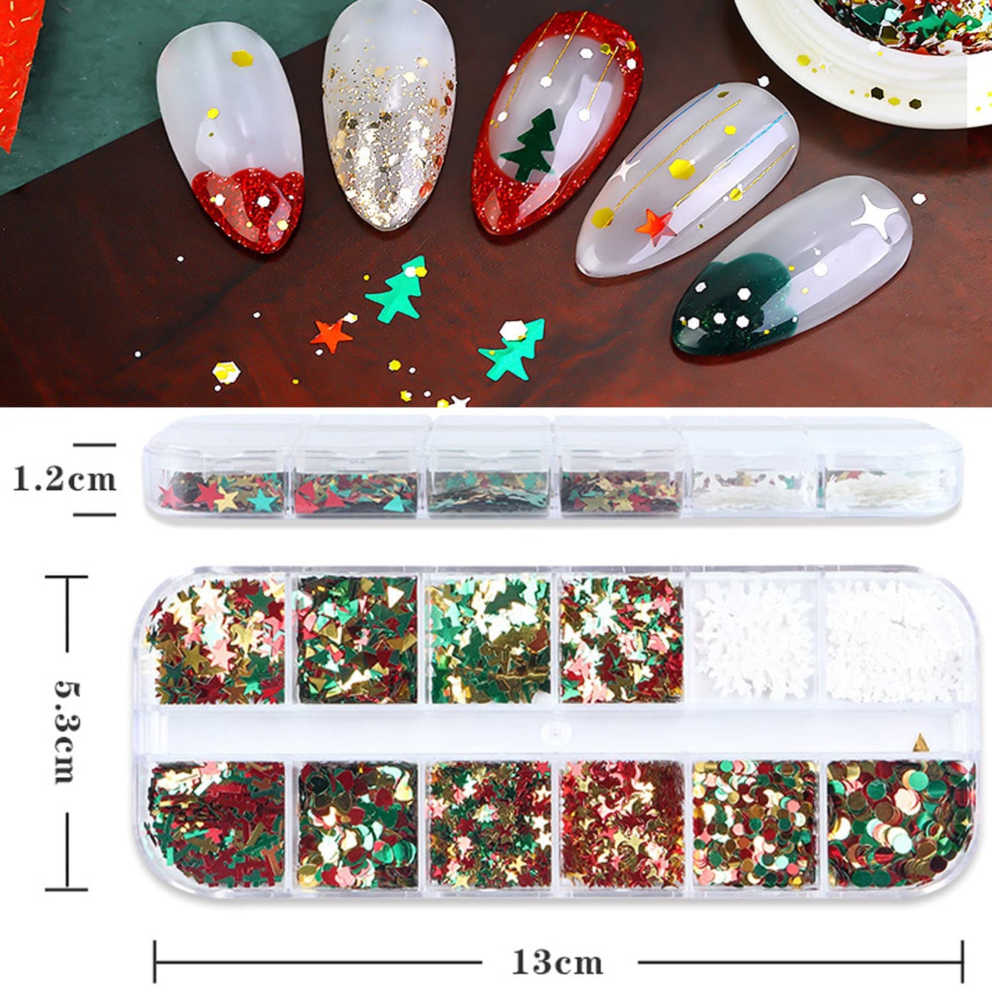 Christmas Glitter Nail Art Sequins, 3D Christmas Tree Snowflakes Love Heart Stars Circle Nail Sparkly Flakes Design Supplies for Women Girls Manicure Holiday Decorations, Xmas Resin Nail Art Tips
