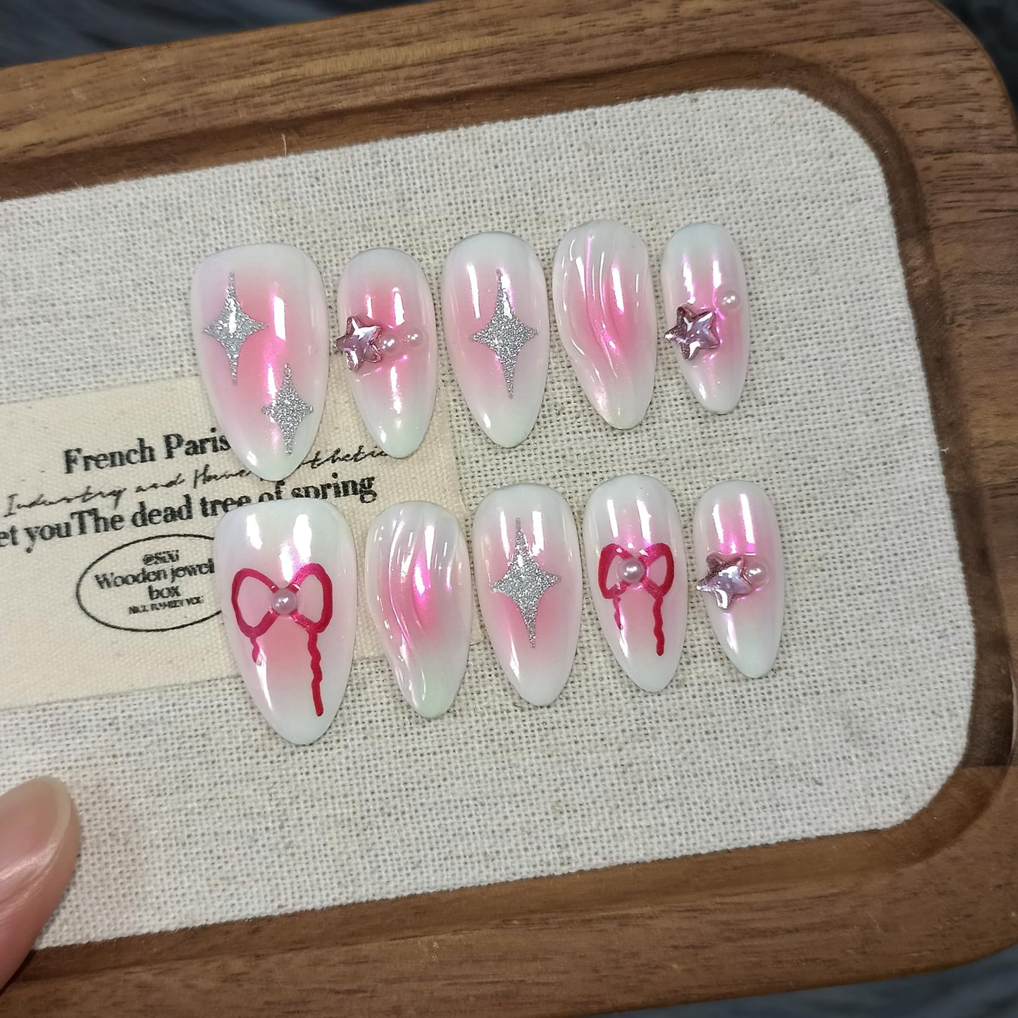 TENPAL Handmade Aurora Pink Press On Nails Medium Almond-Acrylic Glossy Y2k Sweet Cool Soft Gel Fake Nails For Women Girls,Reusable Star Bow Pattern Glue On Nails With Charms 10pcs/Box Kits (XS)