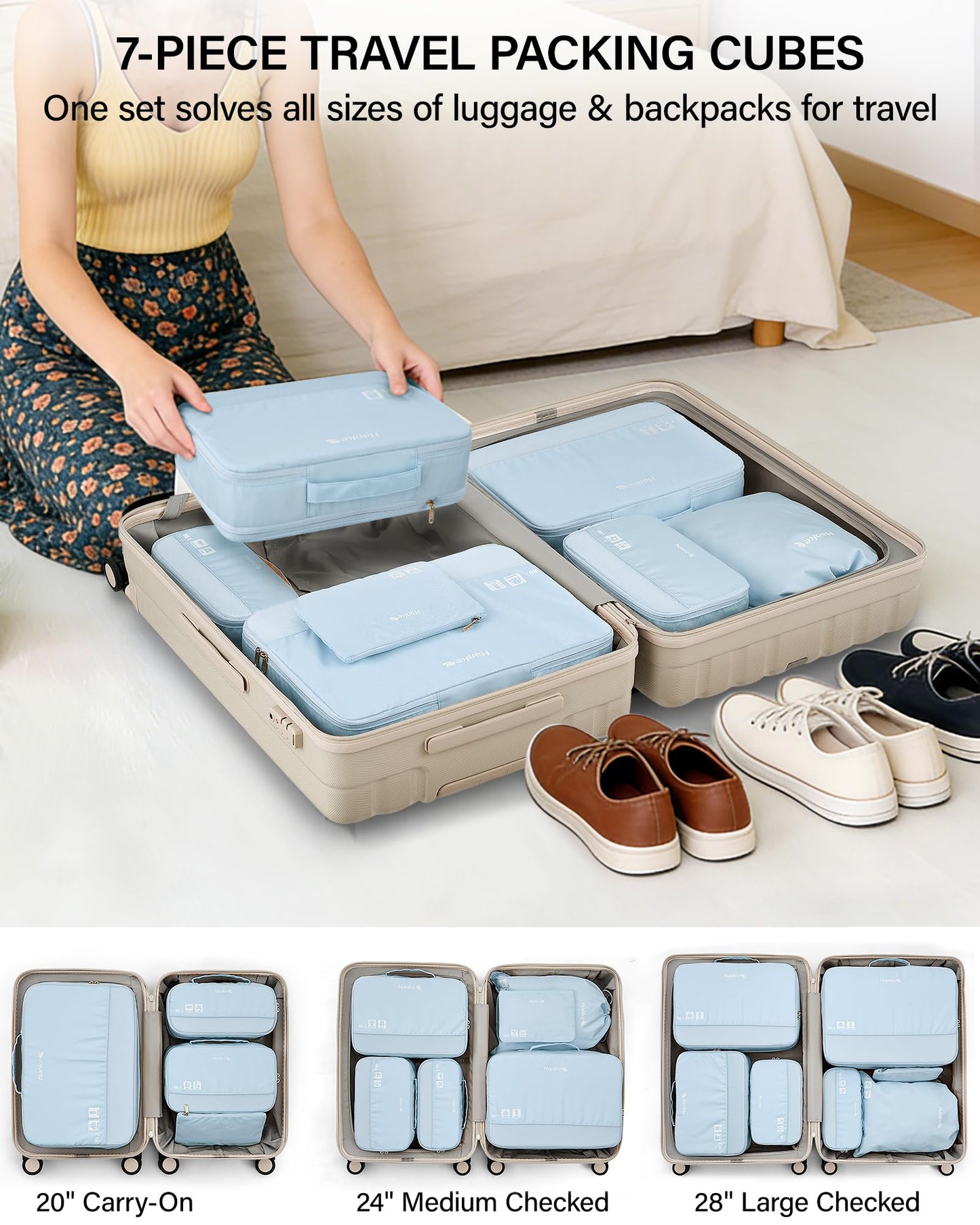 Hanke 7 Piece Expandable Compression Packing Cubes, Premium Travel Packing Organizers for Suitcases/Carry On, Luggage Organizer Bags with Breathable Mesh & Label,Light Blue