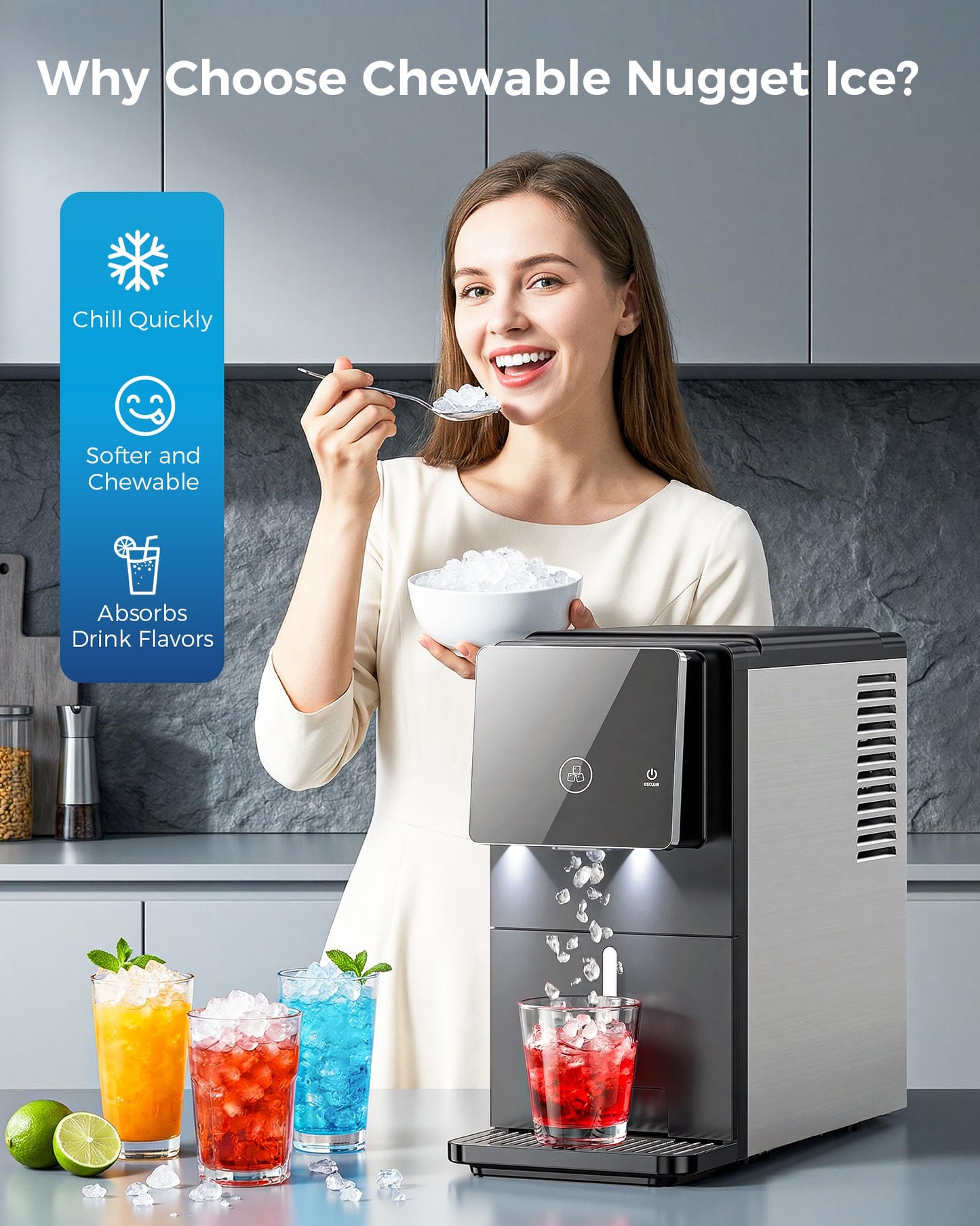 Nugget Ice Makers Countertop, 33lbs/24H Pebble Ice Maker with 1.8L Water Tank, Self-Cleaning, Portable Pellet Ice Machine with Self-Dispensing for Home/Kitchen/Office