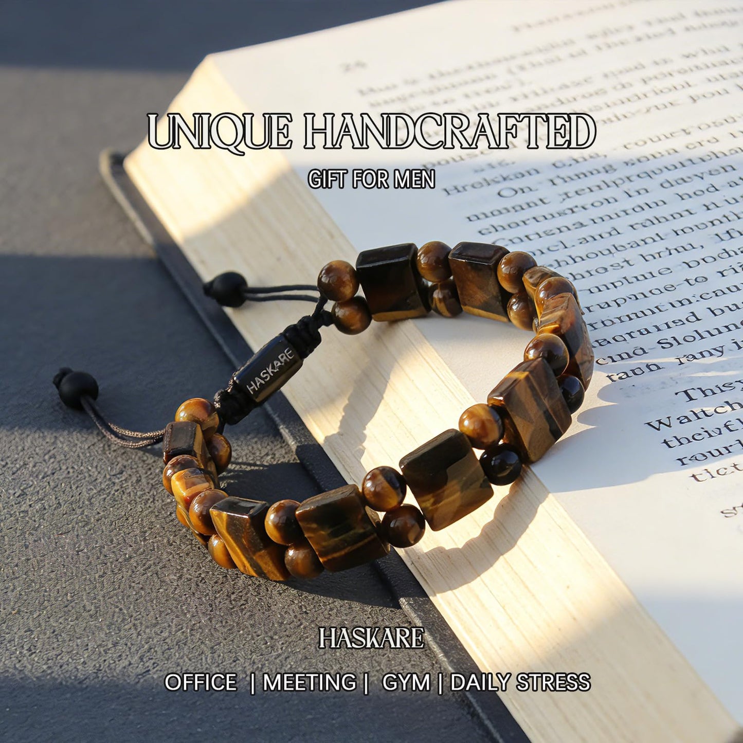 Tiger Eye Bracelet for Men, HASKARE Natural Men Beads Bracelet Energy Healing Stone Protection Crystals for Anxiety, Genuine Crystal Mens Beaded Bracelet Drawstring Unique Jewelry Gift for Mens Balance