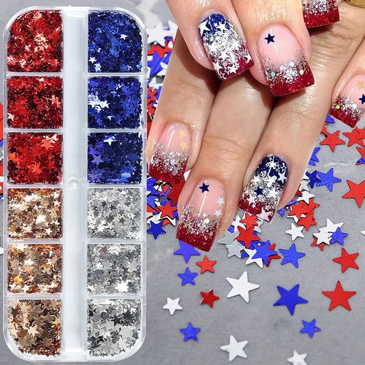 Independence Day Stars Nail Glitter Kit -Colorful Pentagram for Nails, 12-Grid Red Blue Gold Silver Five-Pointed Star Nail Glitter Flakes Shiny DIY USA 4th of July Sparkling Accessory Manicure Decor