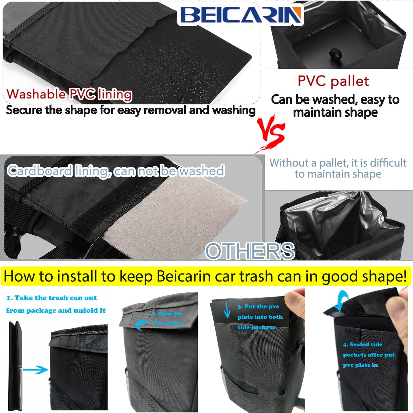 Car Trash Can with Lid - Trash Bag Hanging with Storage Pockets Leak-Proof SUV Organizer Collapsible and Portable Waterproof Truck Garbage Bin, 2.6 Gal Large Capacity Multipurpose Trash Bin for Van