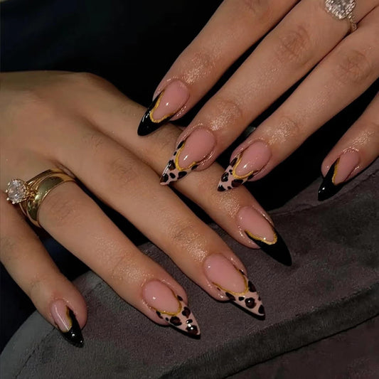MERVF Almond Press on Nails Medium, Black French Tip Fake Nails Stiletto Leopard Animal Print Glue ons Gold Lines Glitter Design Acrylic Nail Manicure 24pcs Glossy