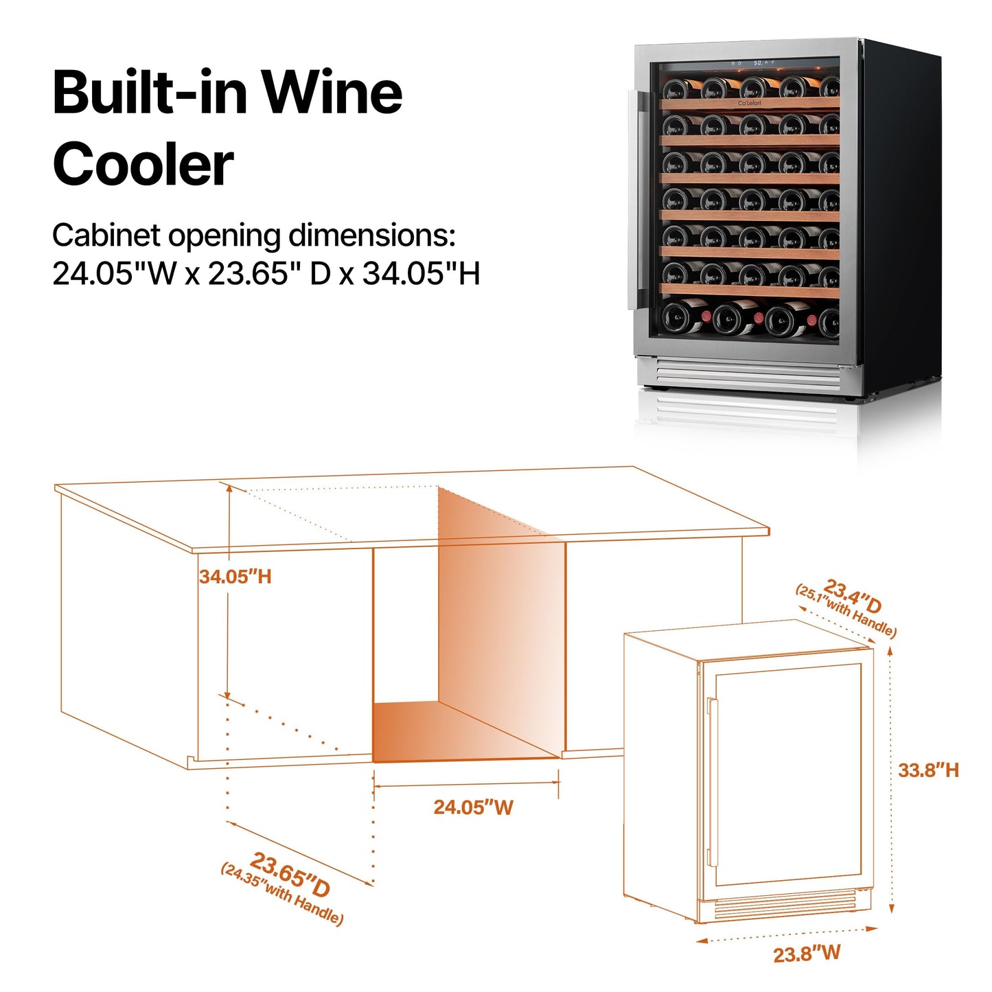 Ca'Lefort 24 Inch Wine Fridge, 61 Bottle Wine Cooler Refrigerator, 40-65°F Wine Refrigerator Glass Door, 3 LED Wine Fridge, Built-in or Freestanding Fridge for Home/Bar/Kitchen (5.65 cu.ft)