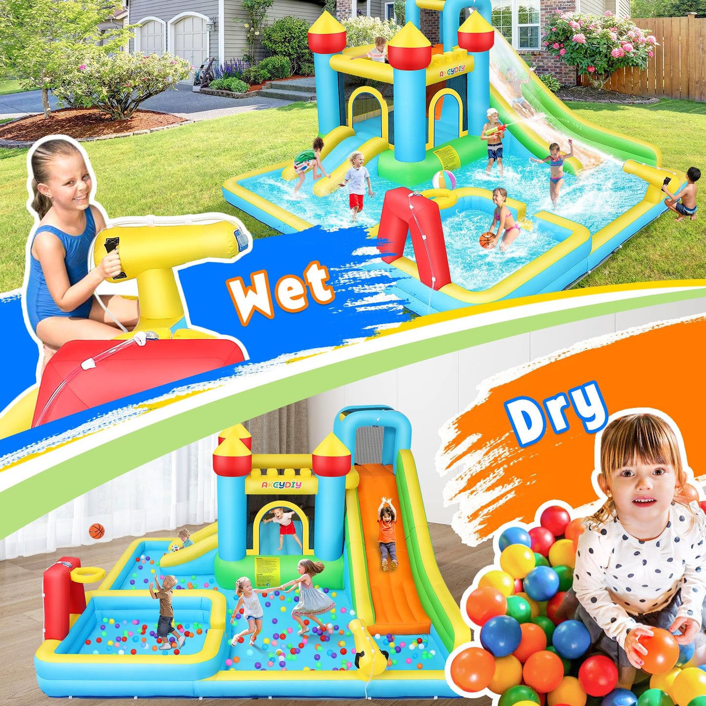 AKEYDIY Water Slide,Outdoor Inflatable Water Slide for Kids,Water Bounce House with Deep Splash Pool,Dual Slide,Big Bounce Area,Water Cannon&Basketball Hoop,Bouncy Castle with 550W Blower for Backyard