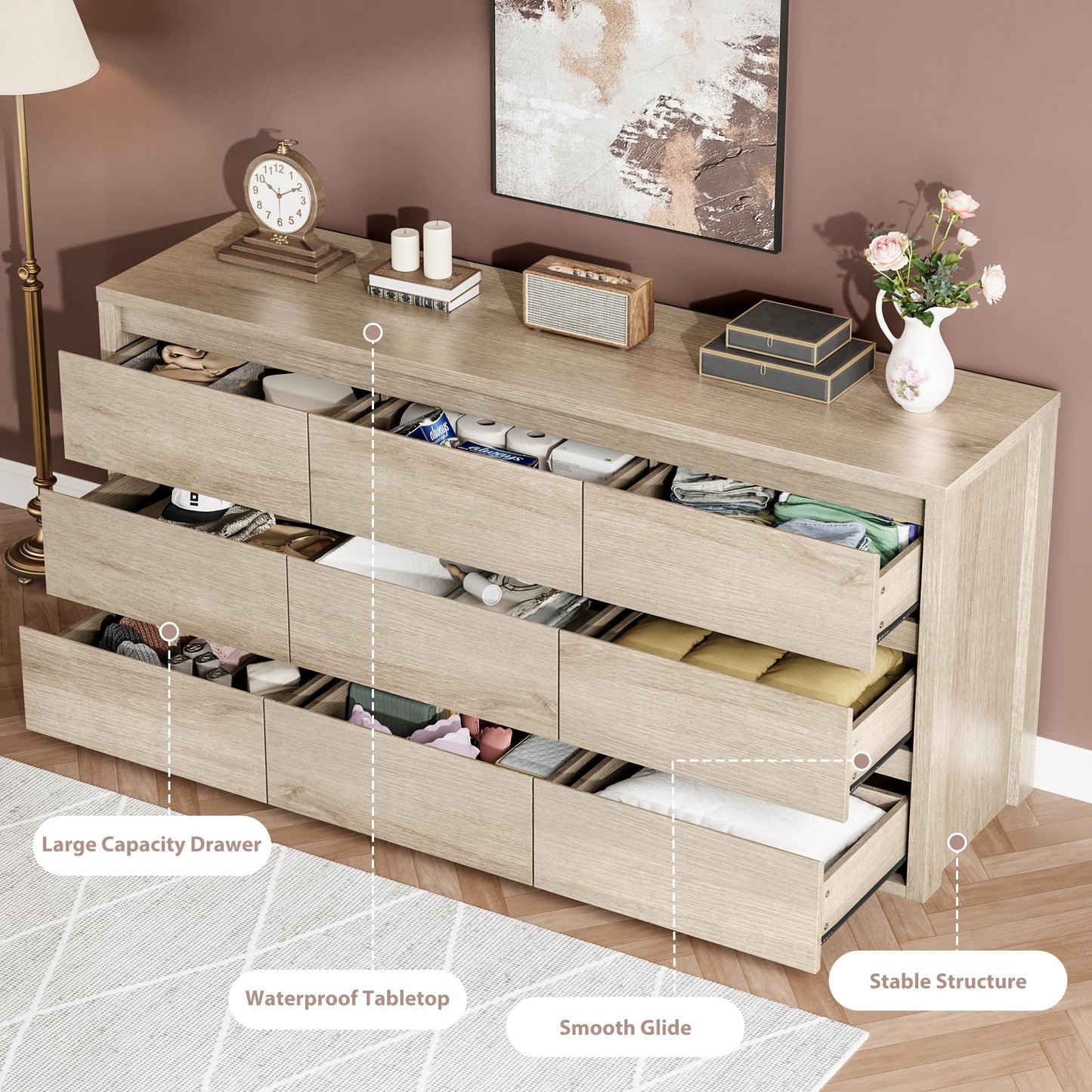 GarveeHome 9 Drawer Dresser for Bedroom, Wide Modern Chest of Drawers, Large Wood Dresser Wooden Storage Organizer for Living Room, Hallway Entryway