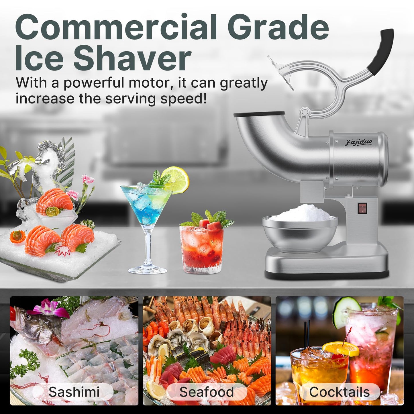 Fajiduo Electric Ice Shaver, Stainless Steel Dual Blade Ice Crusher 440LBS/H, Commercial Shaved Ice Machine, Snow Cone Machine for Home, Commercial, Restaurants, Bars, Party