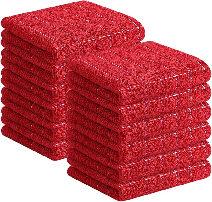 Homaxy 100% Cotton Terry Kitchen Towels(Red, 13 x 28 inches), Checkered Designed, Soft and Super Absorbent Dish Towels, 12 Pack