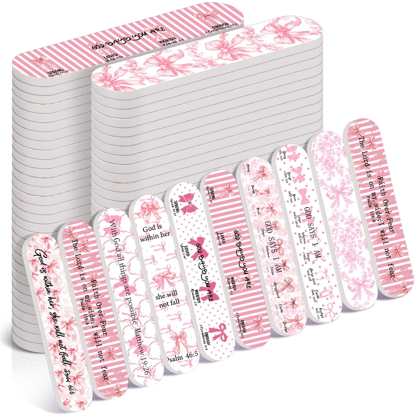 Lanties 50 Pcs Christian Gifts Bulk for Women Pink Bow Pary Favors Mini Nail Files Christian Party Favor Bible Verse Emery Boards Religious Gifts for Teacher Employee Staff Coworkers Office Supplies