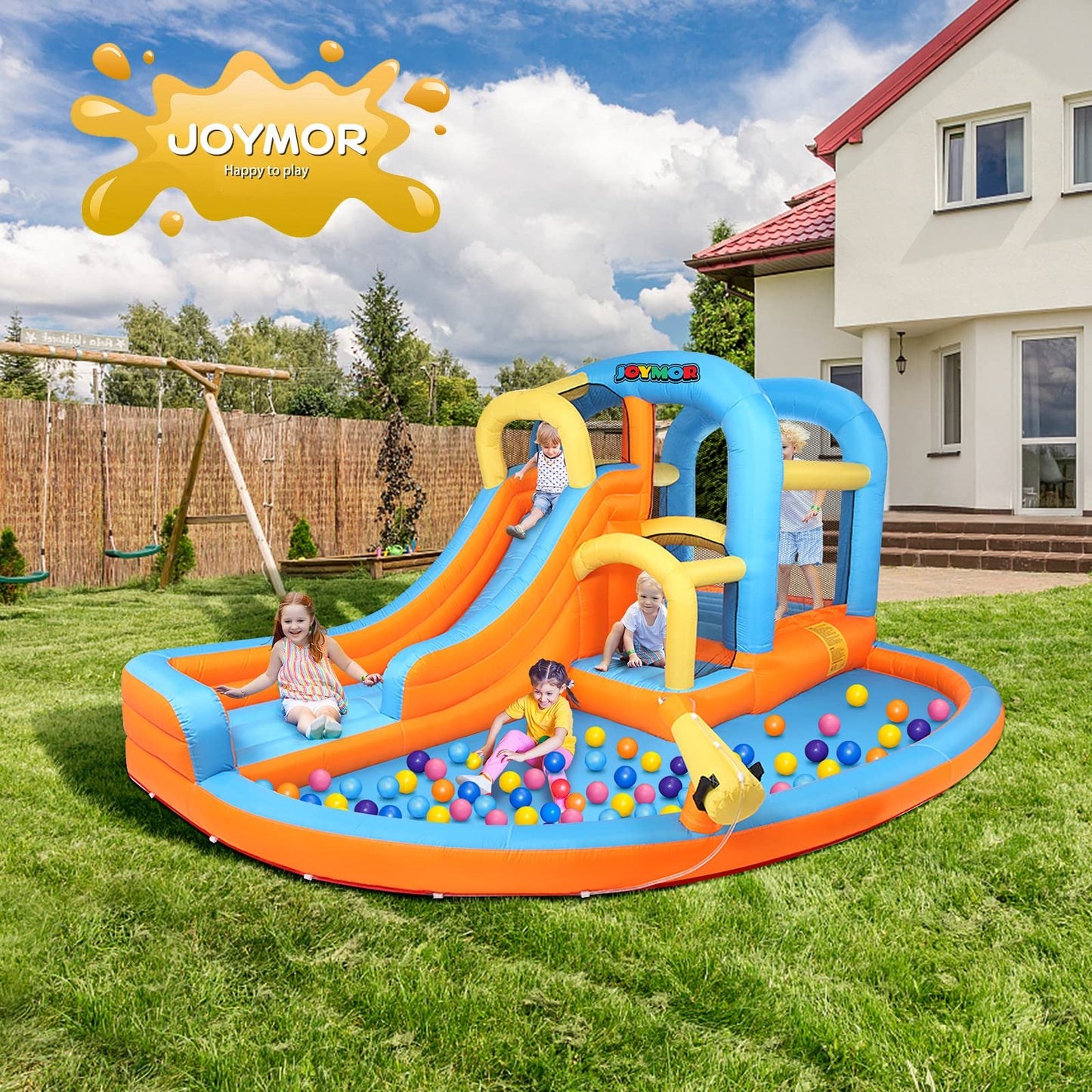 JOYMOR 5-in-1 Inflatable Water Slide Park, Water Bounce House w/Air Blower, Climbing Wall, Double Jump Area, Splash Pool, Water Cannon, Wet or Dry Combo Castle Outdoor Backyard Playhouse for Kids