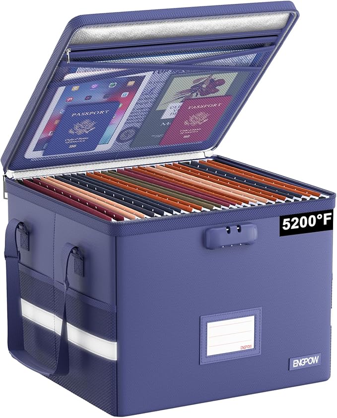 ENGPOW 5200ÃÂ°F File Box Fireproof Document Box with Lock,Heat Insulated Collapsible File Storage Organizer Box with Handle,Portable Home Office File Cabinet for Hanging Letter/Legal Size Folder, Blue